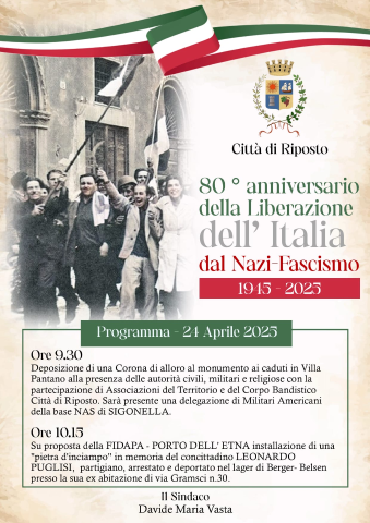 Il 24 aprile la Città di Riposto celebra l’80° anniversario della Liberazione. Annullata la festa del 25 aprile a Torre Archirafi